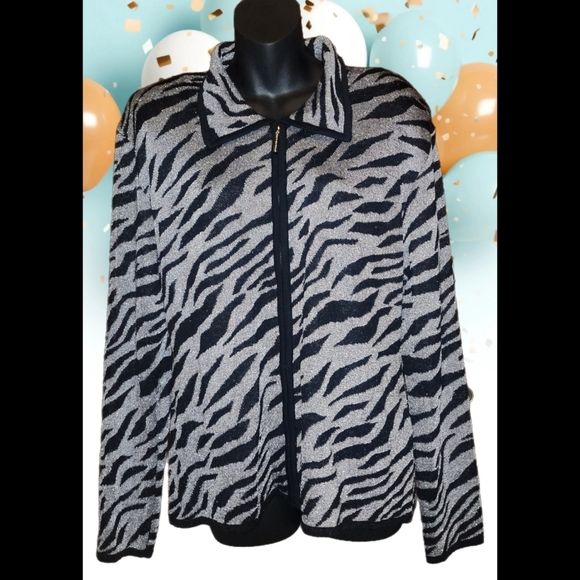 CAROLE LITTLE KNITWEAR Sweaters - VINTAGE CAROLE LITTLE KNITWEAR BLACK/SILVER LUREK ZEBRA KNIT CARDIGAN SIZE XL